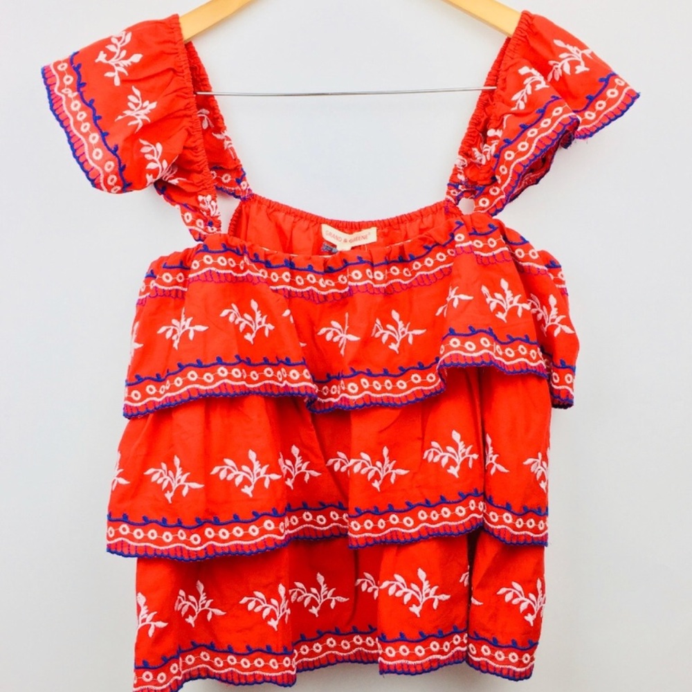 Grand & Greene Red White & Blue Ruffle Floral Top